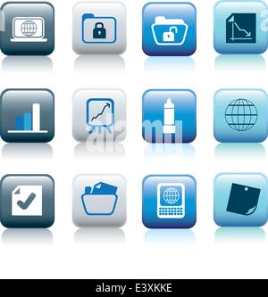 office items icon collection on blue squares Stock Vector