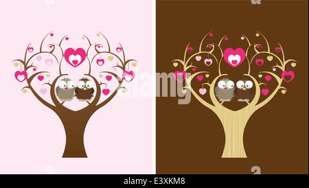 2 owls sit in a love tree, 2 colour options Stock Vector