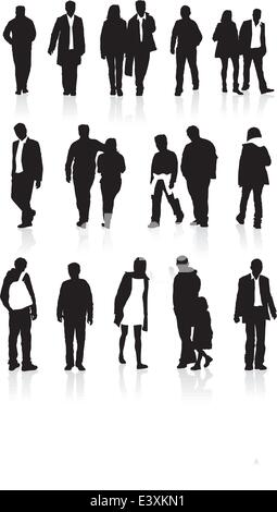 A group of black silhouettes, highly detailed of people in different walking positions Stock Vector