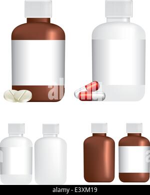 A selection of medicine or tablet bottles and pills on white background using gradient mesh Stock Vector