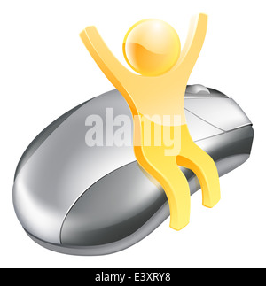 Happy person sitting on computer mouse concept, happy after finding something online on the internet perhaps Stock Photo