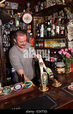 UK England, Suffolk, Bury St Edmunds, pouring pint of IPA in Nutshell, Britain’s smallest pub Stock Photo