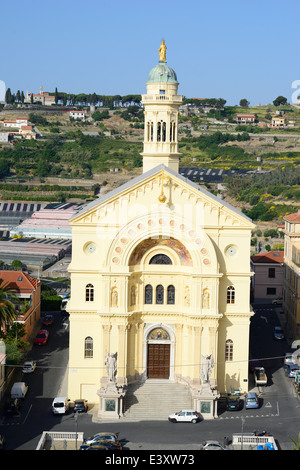 AERIAL VIEW. Santuario del Sacro Cuore di Gesù (translation: Sanctuary of the Sacred Heart of Jesus). Bussana, Province of Imperia, Liguria, Italy. Stock Photo