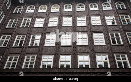 red brick warehouse facade in Speicherstadt district of Hamburg, Germany