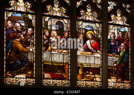 UK England, Suffolk, Bury St Edmunds, St Mary’s Church, last supper stained glass window Stock Photo