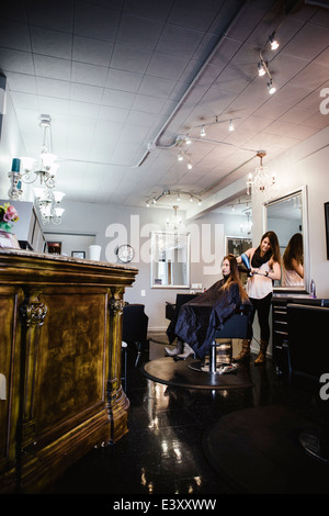 Stylist brushing client's hair in salon Stock Photo