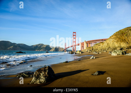 View of Golden Gate Bridge from beach, San Francisco, California, United States Stock Photo