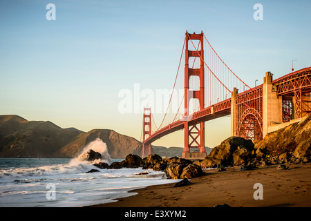 View of Golden Gate Bridge from beach, San Francisco, California, United States Stock Photo