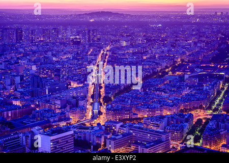 Aerial view of Paris cityscape at night, Paris, Ile de France, France Stock Photo