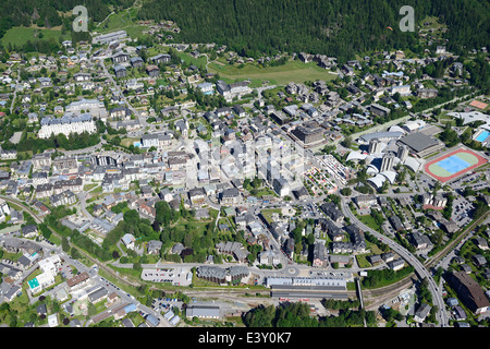 AERIAL VIEW. City of Chamonix Mont-Blanc. Haute-Savoie, Auvergne-Rhône-Alpes, France. Stock Photo