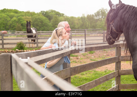 Mature couple watching horse over fence Stock Photo