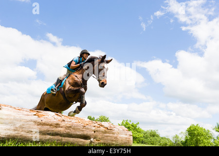 Horse rider jumping on horse Stock Photo