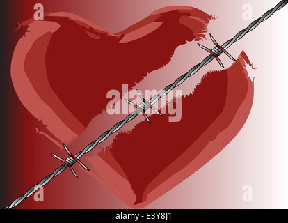A broken heart divided with barbed wire