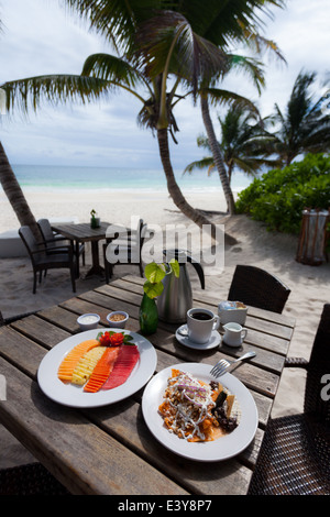 Breakfast on the beach at Ziggy's Restaurant, Tulum, Quintana Roo, Mexico. Stock Photo