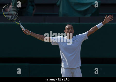 London, UK. 01st July, 2014. Wimbledon Championships Day Eight Nick Kyrgios of Australia in action against Rafael Nadal of Spain during day eight men's singles fourth round match at the Wimbledon Tennis Championships at The All England Lawn Tennis Club in London, United Kingdom Credit:  Action Plus Sports/Alamy Live News Stock Photo