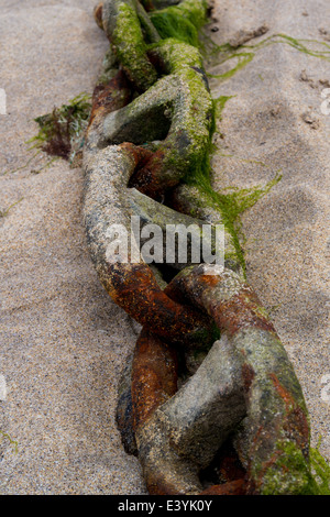 Rusty chain on the sand in St. Ives, Cornwall, UK Stock Photo