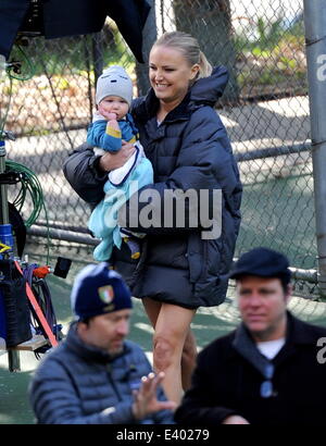 Malin Akerman shows off her toned legs while filming a scene for 'Trophy Wife' wearing tennis gear in Burbank. The actress was visited by son Sebastian on set during lunch break with his babysitter. Malin was recently divorced by ex husband of 6 years Rob Stock Photo