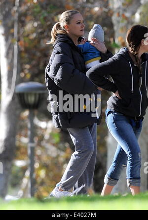 Malin Akerman shows off her toned legs while filming a scene for 'Trophy Wife' wearing tennis gear in Burbank. The actress was visited by son Sebastian on set during lunch break with his babysitter. Malin was recently divorced by ex husband of 6 years Rob Stock Photo