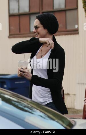 Anne Hathaway getting out of her new BMW i3 electric car  Featuring: Anne Hathaway Where: Los Angles, California, United States When: 06 Dec 2013 Stock Photo