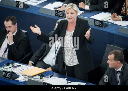 Strasbourg, Bxl, France. 2nd July, 2014. French Extreme Right leader and member of the European Parliament Marine Le Pen delivers a speech on the second day of plenary session at the European Parliament headquarters in Strasbourg, France on 02.07.2014 Credit:  Wiktor Dabkowski/ZUMA Wire/Alamy Live News Stock Photo