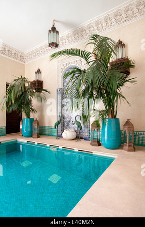 View of the swimming pool at the beautiful Riad Kniza, Marrakesh, Morocco, North Africa. Stock Photo