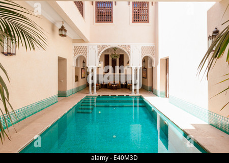 View of the swimming pool at the beautiful Riad Kniza, Marrakesh, Morocco, North Africa. Stock Photo