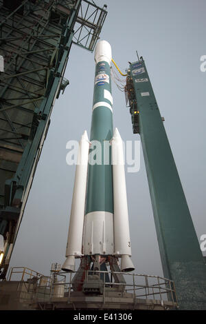 NASA Orbiting Carbon Observatory-2 satellite aboard a United Launch Alliance Delta II rocket ready for lift off at Space Launch Complex 2 July 1, 2014 at Vandenberg Air Force Base, California. The launch was scrubbed during the countdown due to a failure in the launch pad systems. OCO-2 is NASA’s first mission dedicated to studying atmospheric carbon dioxide, the leading human-produced greenhouse gas driving changes in Earth’s climate. Stock Photo