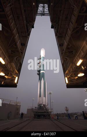 NASA Orbiting Carbon Observatory-2 satellite aboard a United Launch Alliance Delta II rocket ready for lift off at Space Launch Complex 2 July 1, 2014 at Vandenberg Air Force Base, California. The launch was scrubbed during the countdown due to a failure in the launch pad systems. OCO-2 is NASA’s first mission dedicated to studying atmospheric carbon dioxide, the leading human-produced greenhouse gas driving changes in Earth’s climate. Stock Photo