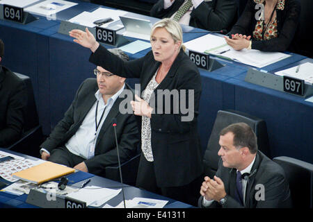 French Extreme Right leader and member of the European Parliament  Marine Le Pen   delivers a speech on the second day of plenary session at the European Parliament headquarters in Strasbourg, France on 02.07.2014 © dpa picture alliance/Alamy Live News Stock Photo