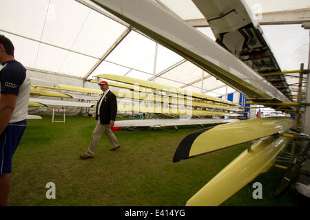 Henley on Thames, Berkshire, UK. 2nd July 2014. Behind the scenes with rowing boats inside the boat house practice on Day one of the Henley Royal Regatta celebrating its 175th anniversary Credit:  amer ghazzal/Alamy Live News Stock Photo