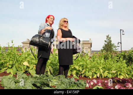 Huddersfield, West Yorks, UK. 2nd July 2014.  Commuters Abbie Hardisty (L), Christine Richard (R) admire vegetable plot. French farmers, vegetable plots, sheep, chickens, pigs & a cow appeared overnight in St George’s Square to greet commuters outside the train station. The working farm, that also features 1700 lettuces & 700kg of vegetables, marks the finale of the 100-day Yorkshire Festival 2014, celebrating The Grand Depart coming to the county. Titled ‘La Vengeance des Semis’ (Seedlings’ Revenge) the rural idyll is tended by 26 French farmers around the clock. © Deborah Vernon/Alamy Live N Stock Photo