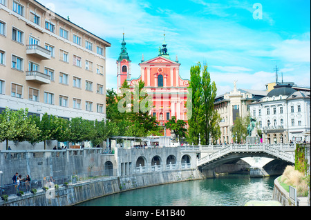 Ljubljana's city center: river Ljubljanica, Triple Bridge , Preseren square , Slovenia Stock Photo