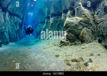 scuba divier in Nesgja, small fissure in the North of Iceland, Nesgja, Akureyri, North Iceland Stock Photo