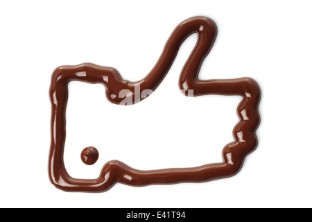 Thumb up hand made of melted chocolate on white background Stock Photo