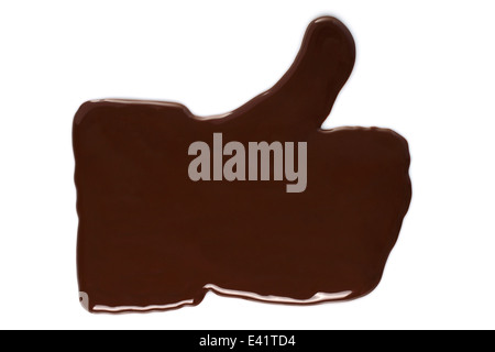 Thumb up hand made of melted chocolate on white background Stock Photo