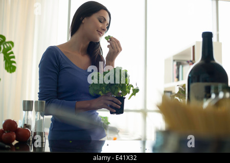 Young woman smelling basil plant in kitchen Stock Photo