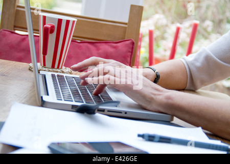 Close up of mature female hands using laptop in kitchen Stock Photo