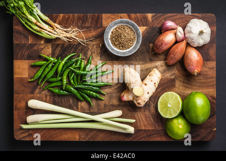 Ingredients for making green curry paste Stock Photo