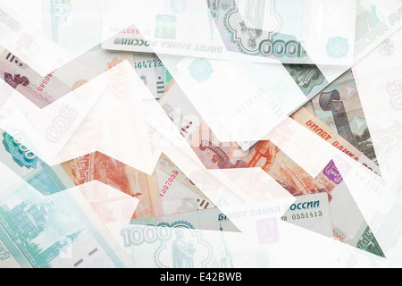 Russian money background,  negative trend arrows Stock Photo