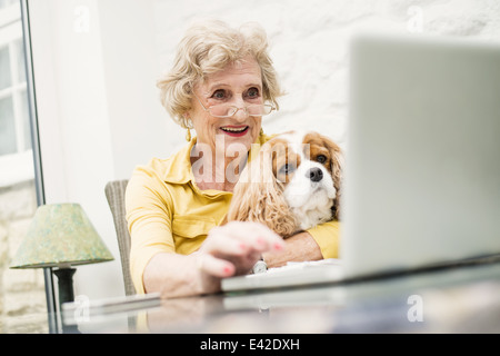 Senior woman with dog, using laptop Stock Photo