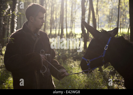 Young man pulling reluctant donkey in forest Stock Photo