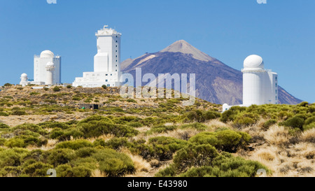 Telescopes of the Astronomical Observatory Izaña with the mount Teide in the background, Tenerife, Canary Islands. Stock Photo