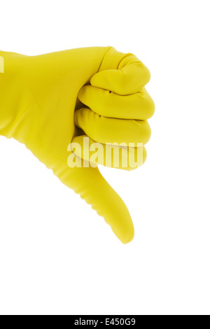 The latex glove of a cleaning lady on a white background. Thumbs down Stock Photo