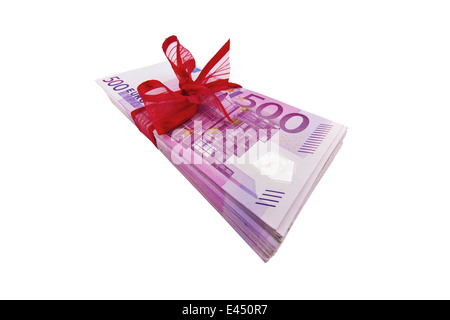 € 500 banknotes on a pile. With red ribbon Stock Photo
