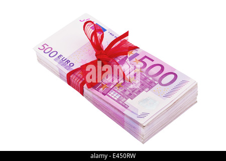 € 500 banknotes on a pile. With red ribbon Stock Photo