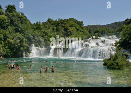 Tourists taking a bath at the Skradinski buk waterfalls, Krka National Park, Šibenik-Knin County, Dalmatia, Croatia Stock Photo