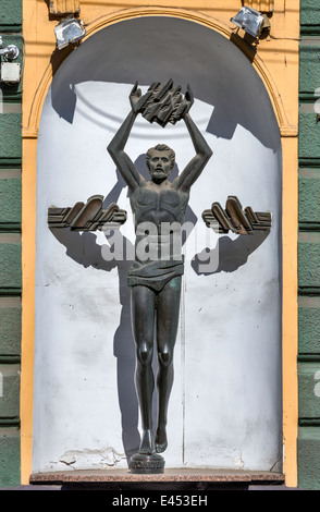 Prometheus sculpture at building, early 20th century, Holovna Street, Chernivtsi, Bukovina Region, Ukraine Stock Photo
