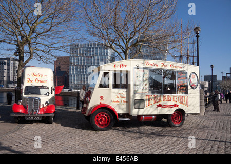 Vintage ice cream vans on display in the area between the Albert Dock and the Canning Dock in Liverpool, Merseyside, UK. Stock Photo