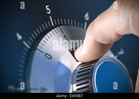 Close up of a safe lock on a vault with blur effect and focus on the number one, blue tones. Stock Photo