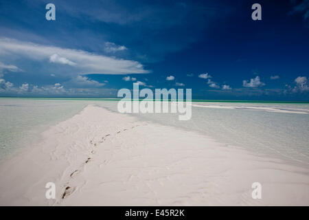 Footprints leading out to distant person in the shallows of the Exumas, Bahamas, Caribbean. June 2009. Model released. Stock Photo